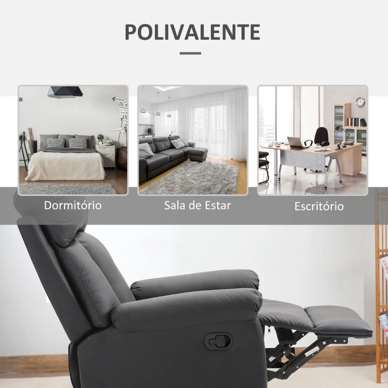 HOMCOM Poltrona Relax Reclinável Estofado em PU Poltrona de Sala de Estar com Apoio para os Pés Retrátil Encosto Alto Apoio para os Braços e Assento Acolchoado Grosso 80x97x107cm Preto