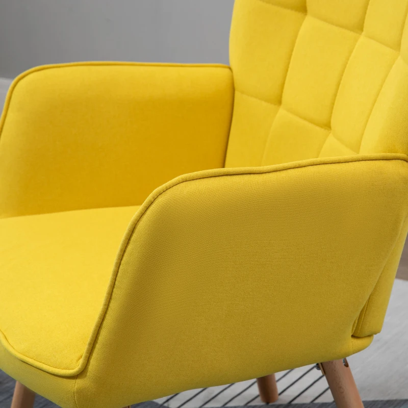 HOMCOM Poltrona de Sala de Estar Moderna Poltrona com Encosto Alto Apoio para os Braços Tecido de Linho e Pés de Madeira de Faia para Sala de Jantar Cozinha 71x76x101 cm Amarelo