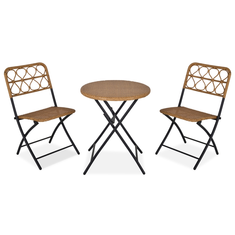 Outsunny 3 Pieces Rattan Bistro Conversation Set Foldable Table and Chair Set for Outdoor Yard Porch Poolside Lawn Balcony Natural Wood Color