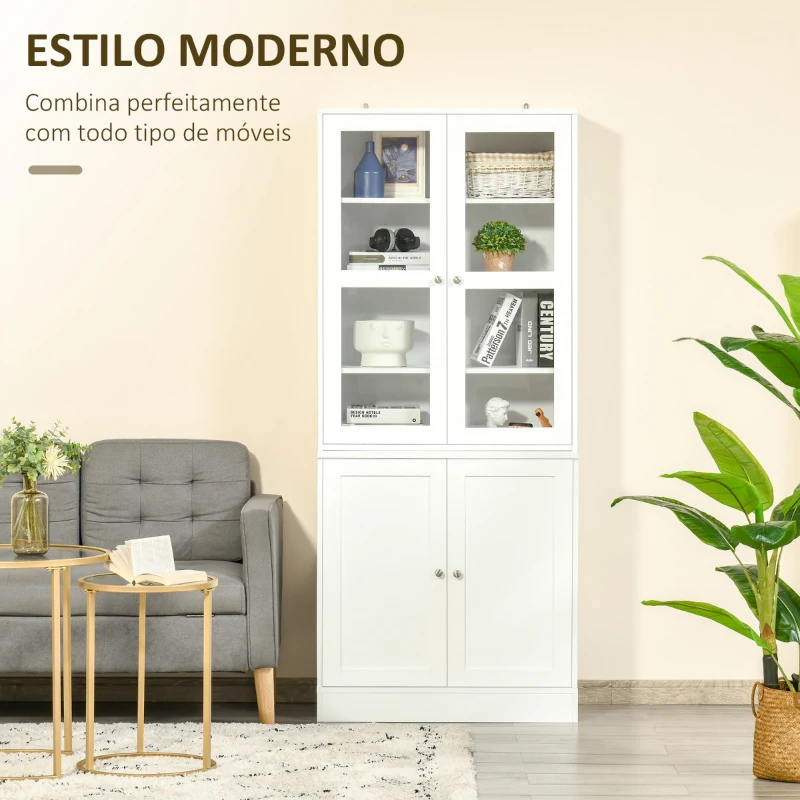 HOMCOM Vitrine para Sala de Estar Estante de Livros com 4 Portas e Prateleiras Superiores com Altura Ajustável Estilo Moderno Multiúso para Cozinha Escritório Dormitório 76x40x178,5 Branco