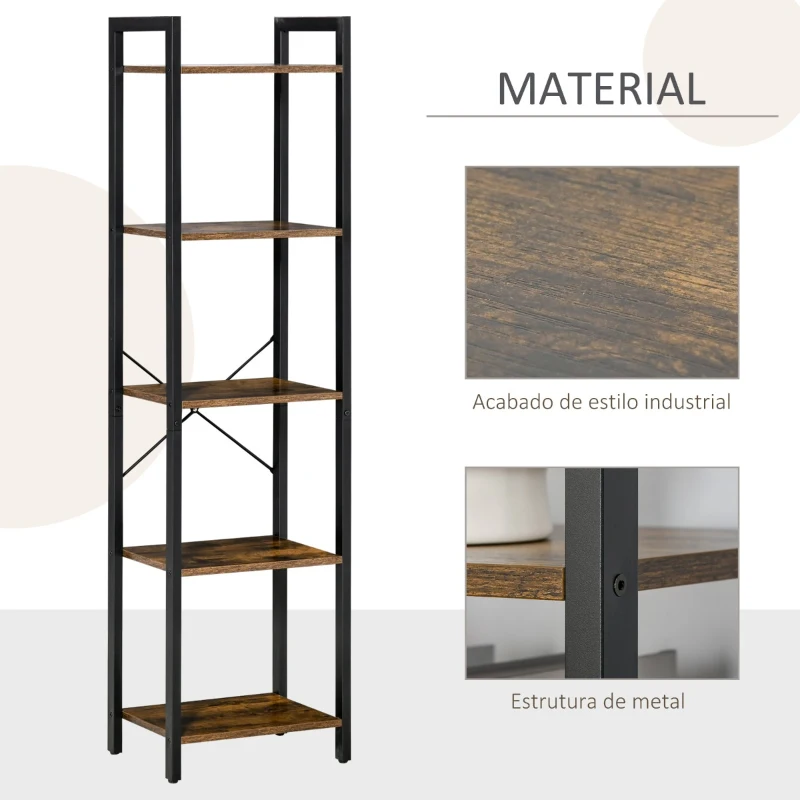 HOMCOM Estante de Estilo Industrial de 5 Níveis Estante para Livros de Armazenamento com Estrutura de Aço para Sala de Estar Escritório Cozinha Dormitório 40x30x154cm Marrom Rústico