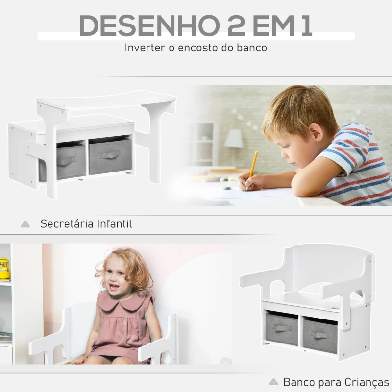 HOMCOM 2 EM 1 Banco de Madeira para Crianças 60x43x57cm Convertivel em Secretária Infantil 60x60x43cm com Assento 2 Cestos de TNT para Armazenamento Removíveis Branco