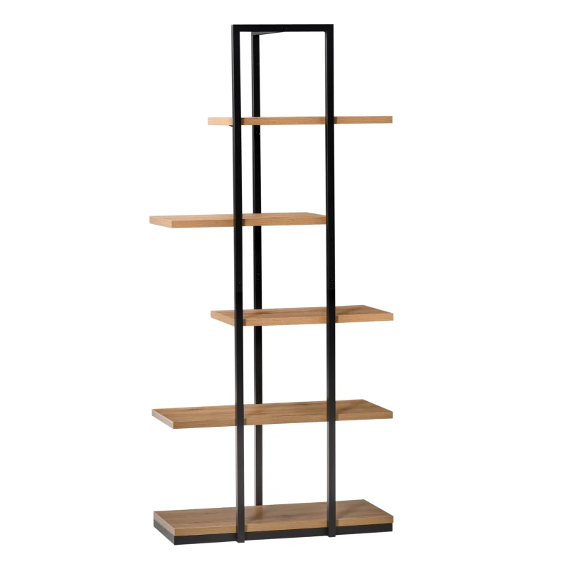 HOMCOM Estante Estilo Industrial de 5 Níveis Estante para Livros Metálica com Desenho Assimétrico para Sala de Estar Escritório Dormitório 80x39x179,5cm Madeira e Preto