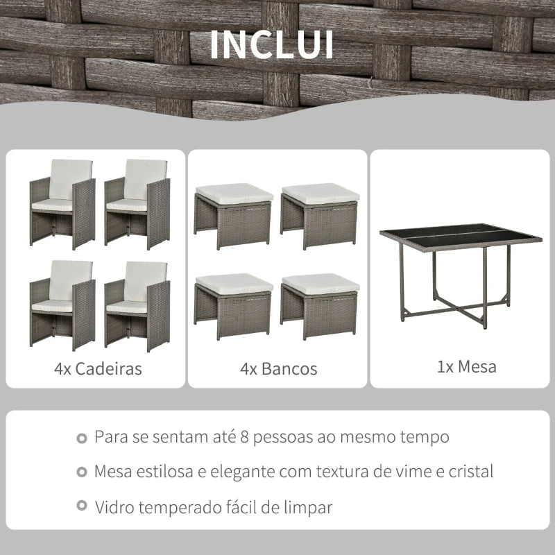 Outsunny Conjunto de Móveis de Jardim 9 Peças de Vime com Cadeiras Empilháveis Almofadas Removíveis Laváveis Mesa de Vidro Temperado para Exterior Pátio Terraço Cinza
