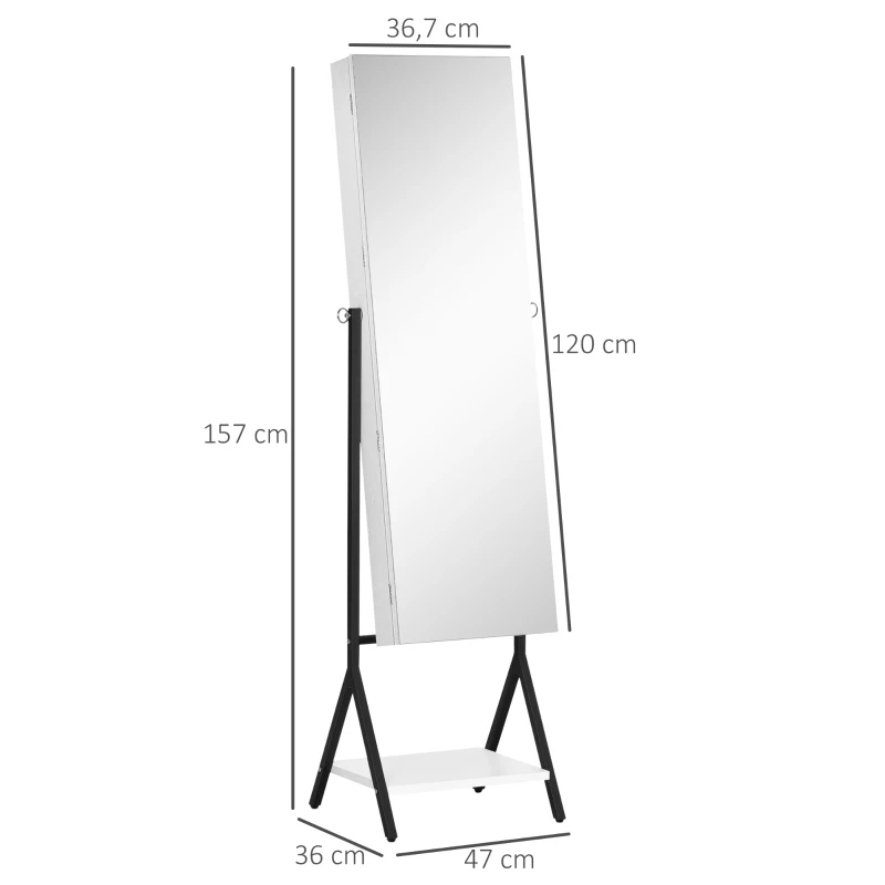 HOMCOM Joalheiro de Pé com Ângulo Ajustável Joalheiro de Corpo Inteiro com Prateleira Inferior Fechadura Magnética Suportes para Joias 47x36x157cm Branco e Preto