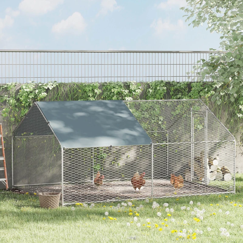 PawHut Galinheiro de Exterior Grande 3x4x1,95cm Gaiola de Metal Galvanizado para Galinhas Coelhos Aves com Fechadura e Cobertura de Tecido de Oxford Prata