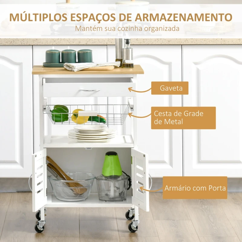 HOMCOM Carrinho de Cozinha com Rodas Carro de Armazenamento Multiúso com Bancada de Bambu Gaveta Cesta Metálica e Armário de 2 Portas de Persiana 58x37x83cm Branco