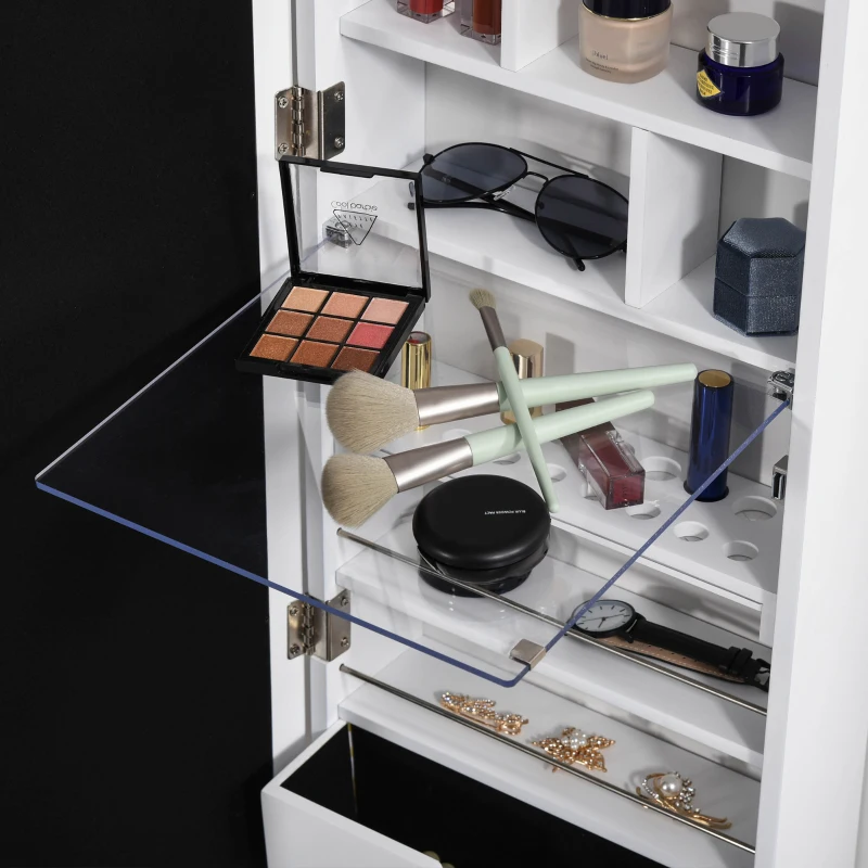 HOMCOM Espelho com Móvel de Bijuterias de Parede ou Porta Armário Guarda Jóias com 18 Luzes LED Altura Ajustável e Prateleira Aberta Organizador de Jóias 31,7x13,4x130cm Branco