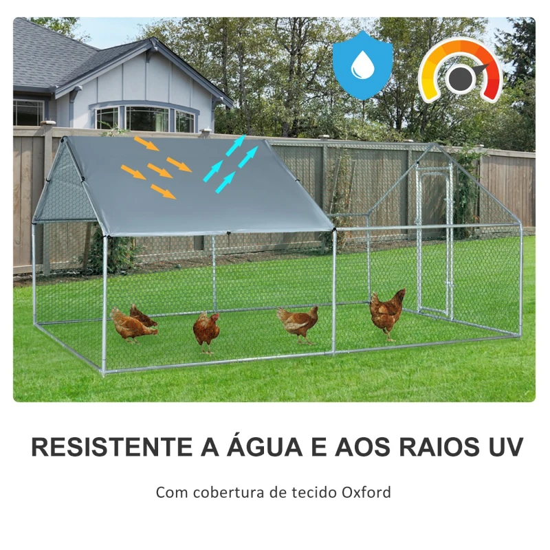 PawHut Galinheiro de Exterior Grande 3x4x1,95cm Gaiola de Metal Galvanizado para Galinhas Coelhos Aves com Fechadura e Cobertura de Tecido de Oxford Prata