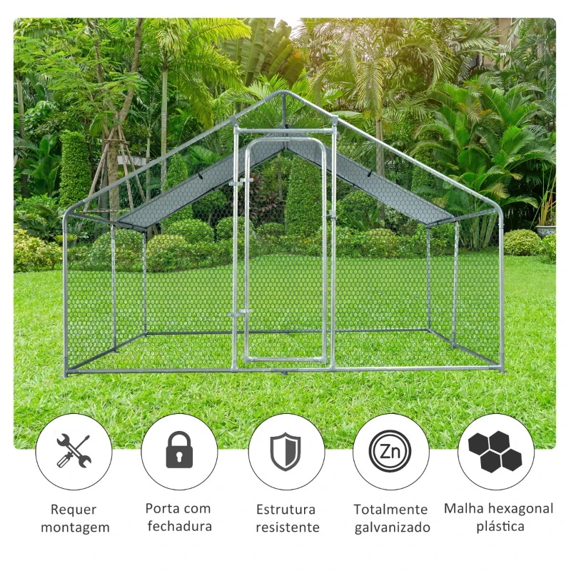 PawHut Galinheiro de Exterior Grande 3x4x1,95cm Gaiola de Metal Galvanizado para Galinhas Coelhos Aves com Fechadura e Cobertura de Tecido de Oxford Prata