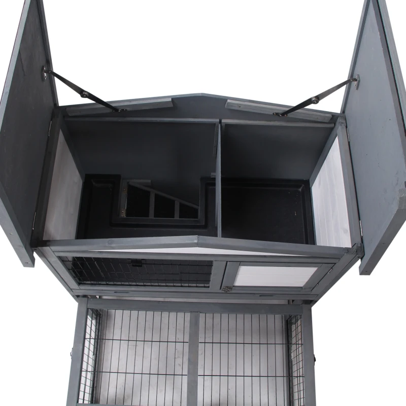 PawHut Coelheira de Exterior de Madeira de 2 Níveis Gaiola para Coelhos e Animais Pequenos com Teto Asfástico Zona Aberta Bandeja Removível e Rampa 101,5x90x100cm Cinza