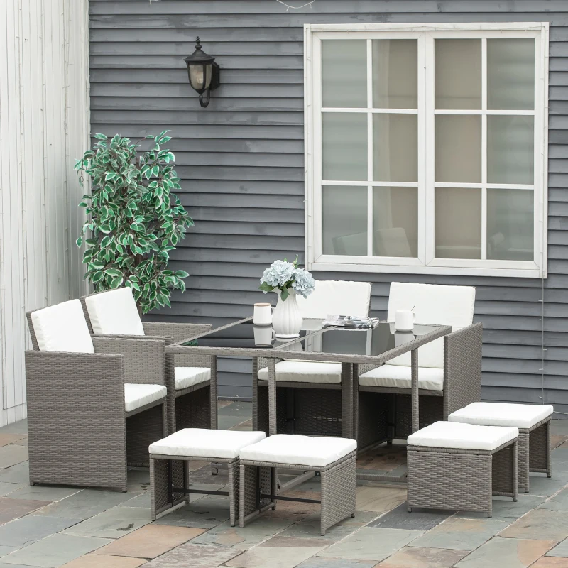 Outsunny Conjunto de Móveis de Jardim 9 Peças de Vime com Cadeiras Empilháveis Almofadas Removíveis Laváveis Mesa de Vidro Temperado para Exterior Pátio Terraço Cinza