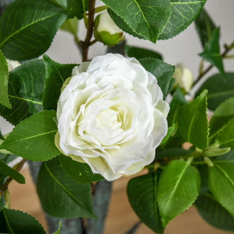 HOMCOM Camélia Artificial Planta Sintética de 150cm com Vaso de Cimento Folhas Realistas e Flores de Tecido Decoração para Casa Escritório e Exterior Verde