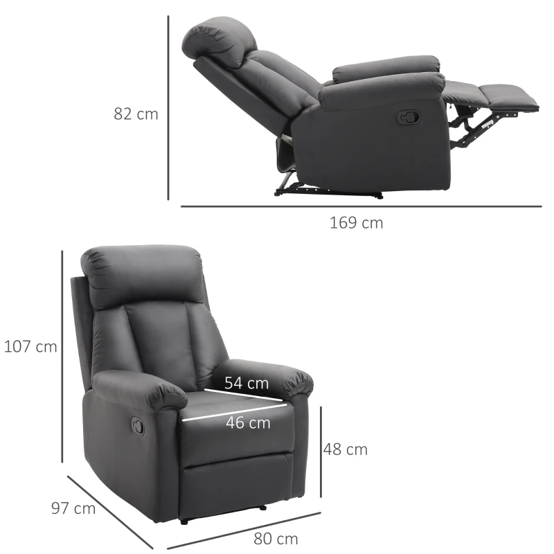 HOMCOM Poltrona Relax Reclinável Estofado em PU Poltrona de Sala de Estar com Apoio para os Pés Retrátil Encosto Alto Apoio para os Braços e Assento Acolchoado Grosso 80x97x107cm Preto