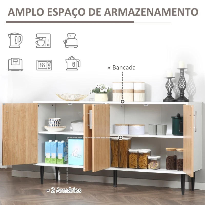 HOMCOM Aparador de sala de estar com 4 Portas Prateleiras Ajustáveis e Pés Metalicos Móvel Auxiliar Moderno 147,2x40,5x76,2cm Natural e Branco
