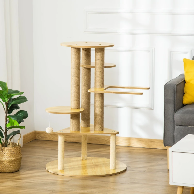 PawHut Árvore Arranhadora para Gatos Ø60x99 cm com Caverna Triangular de Feltro Removível Rede Cama Lavável Postes Arranhador de Juta e Bola Suspensa Bege e Natural