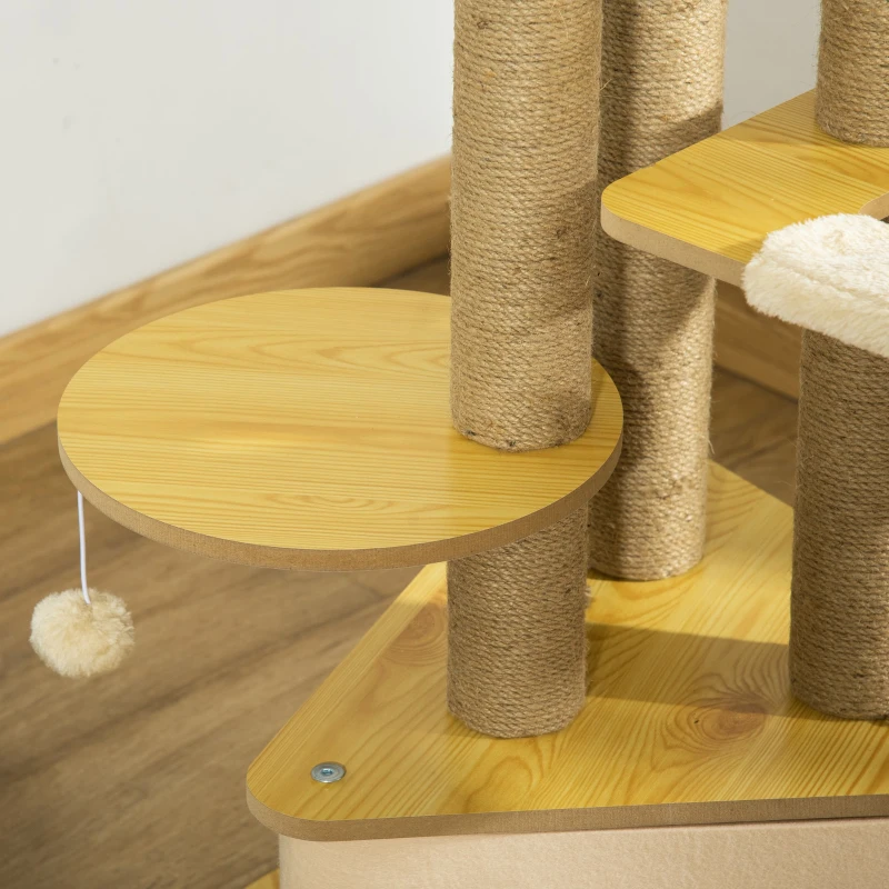 PawHut Árvore Arranhadora para Gatos Ø60x99 cm com Caverna Triangular de Feltro Removível Rede Cama Lavável Postes Arranhador de Juta e Bola Suspensa Bege e Natural