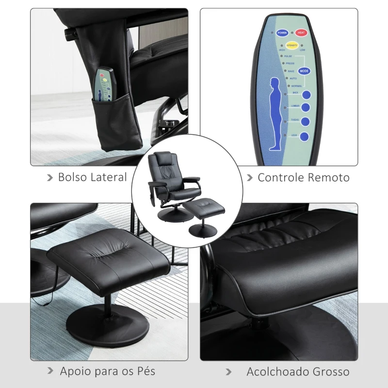 HOMCOM Poltrona de Massagem Elétrica com Banco para Apoiar os Pés Poltrona Relax Giratório Reclinável em até 145° com Controle Remoto e 10 Zonas de Massagem Estofado em PU 77x84x95cm Preto