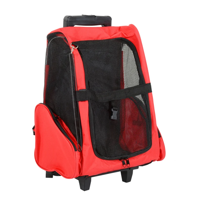 PawHut Pet Travel Backpack Bag Cat Puppy Dog Carrier w/ Trolley and Telescopic Handle Portable Stroller Wheel Luggage Bag (Red)