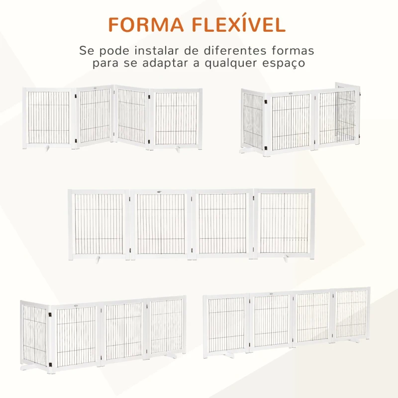 PawHut Barreira de Segurança Dobrável para Cães Barreira de Proteção com 4 Painéis para Animais de Estimação com Pés para Portas Escadas Corredores 264x35,5x77cm Branco