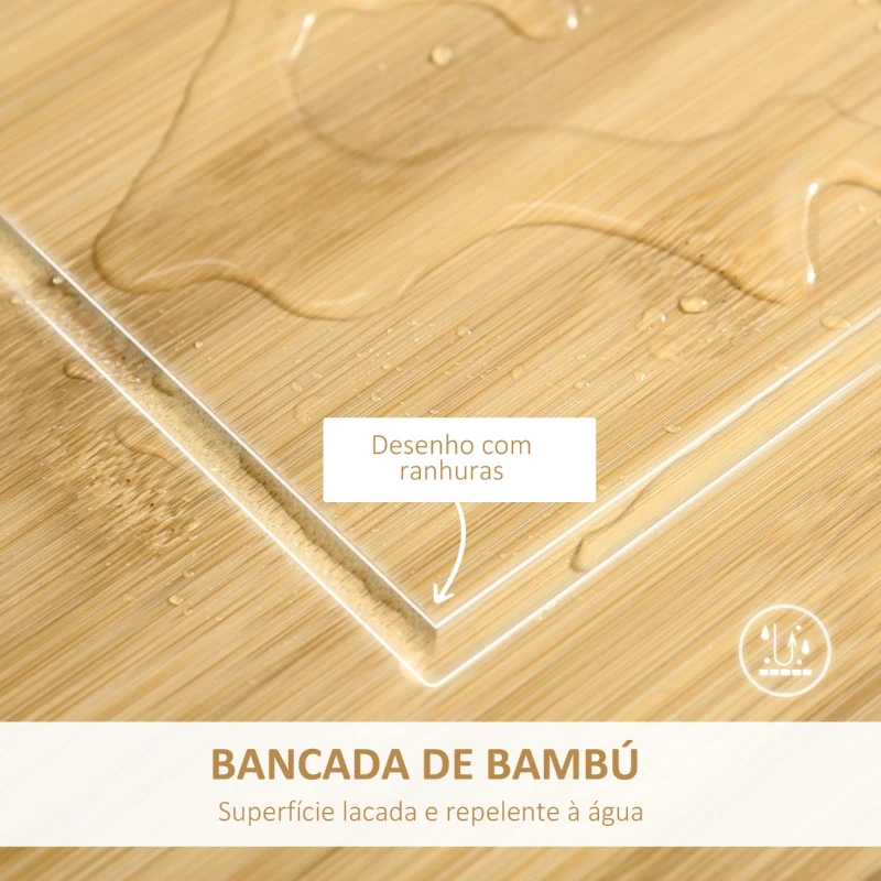 HOMCOM Carrinho de Cozinha com Rodas Carro de Armazenamento Multiúso com Bancada de Bambu Gaveta Cesta Metálica e Armário de 2 Portas de Persiana 58x37x83cm Branco