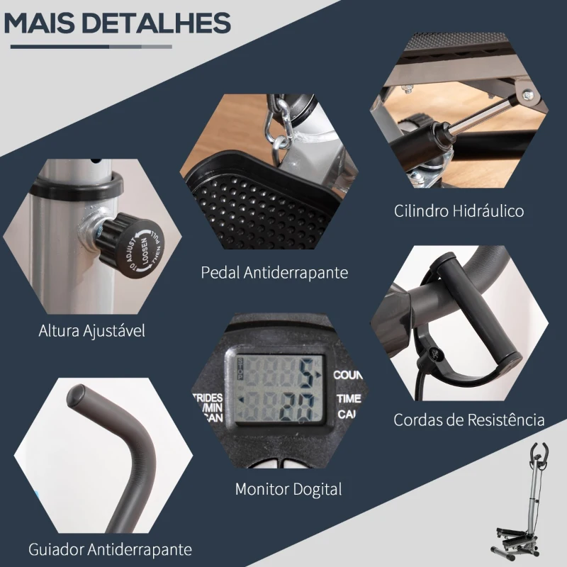HOMCOM Máquina de Step Fitness com Guiador Ajustável em Altura Tela LCD Bandas Elásticas Pedais Antiderrapantes Equipamento de Exercício para Academia em Casa 55x53x118-128cm Prata