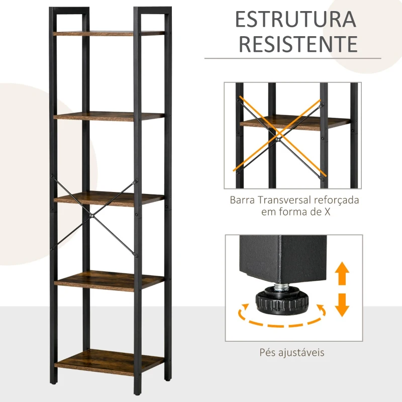 HOMCOM Estante de Estilo Industrial de 5 Níveis Estante para Livros de Armazenamento com Estrutura de Aço para Sala de Estar Escritório Cozinha Dormitório 40x30x154cm Marrom Rústico