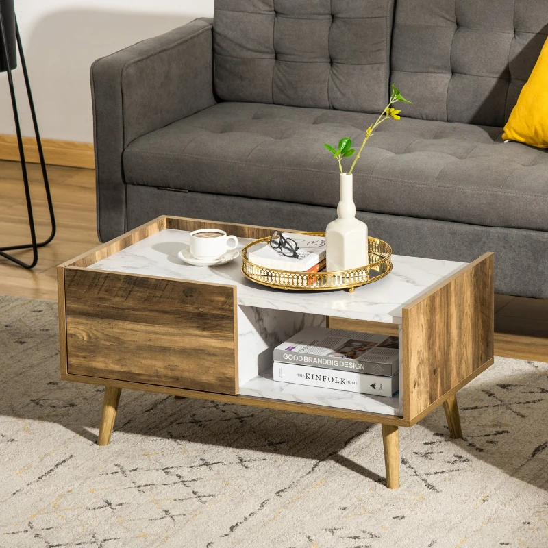 HOMCOM Mesa de Centro para Sala de Estar com Gaveta e Prateleira Aberta Mesa de Centro Estilo Industrial com Bancada com Efeito de Mármore e Pés de Madeira Elevados 80x45x40,5cm Marrom Rústico e Branco