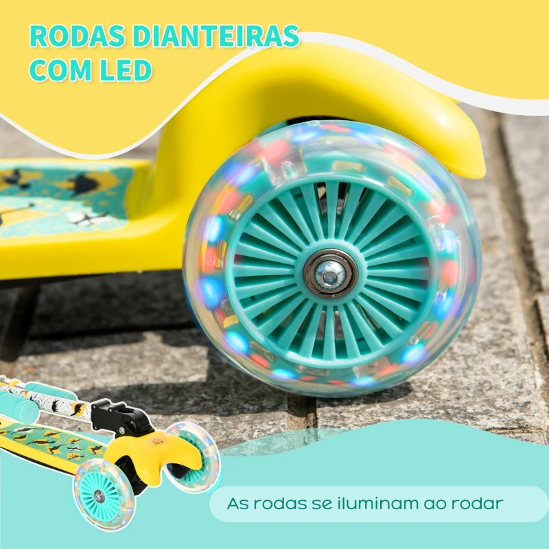 HOMCOM Trotinete para Crianças acima de 3 Anos Dobrável Trotinete com 3 Rodas com Luzes LED Guiador com Altura Ajustável e Freio Posterior Carga Máxima 50kg 54,7x32,5x59-69cm Amarelo