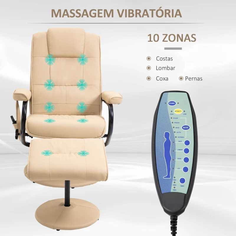 HOMCOM Poltrona de Massagem Elétrica com Banco para Apoiar os Pés Poltrona Relax Giratório Reclinável em até 145° com Controle Remoto e 10 Zonas de Massagem Estofado em PU 77x84x95cm Bege