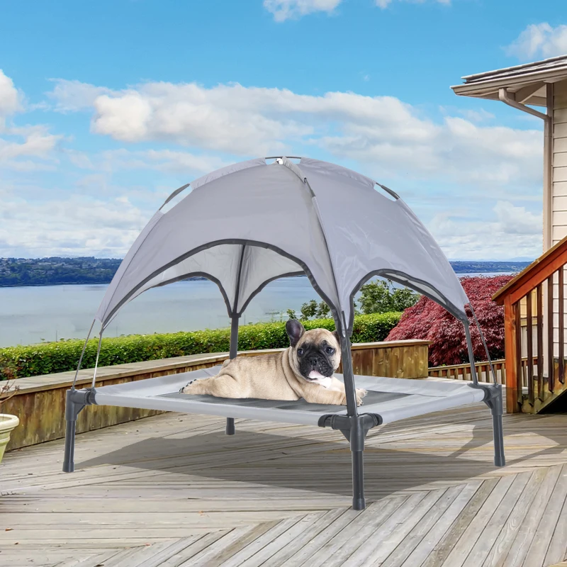 PawHut Raised Dog Bed Waterproof Elevated Pet Cot with Breathable Mesh UV Protection Canopy Grey, for Medium Dogs, 76 x 61 x 73cm