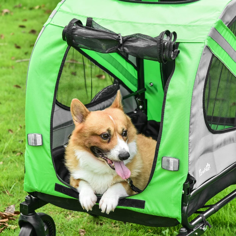 PawHut Reboque de Bicicleta para Cães 2 em 1 Transporte para Animais de Estimação com Porta Enrolável Janelas Cinto de Segurança Bandeira e 6 Refletores 140x72,5x108 cm  Verde