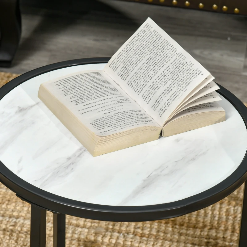 HOMCOM Conjunto de 2 Mesas Auxiliares Redondas Empilháveis Mesa de Centro Modernas com Bancada em Efeito de Mármore e Estrutura de Aço Ø60x46cm e Ø40x40cm Branco