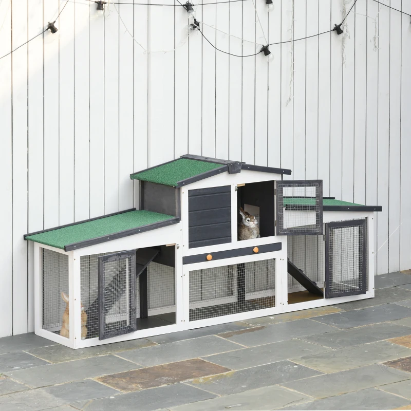 PawHut 2-Story Large Wooden Pet House Rabbit Hutch Bunny Cage Small Animal Habitat with Ramps Droppng Tray Lockable Doors Large Run Area Asphalt Roof for Outdoor Use