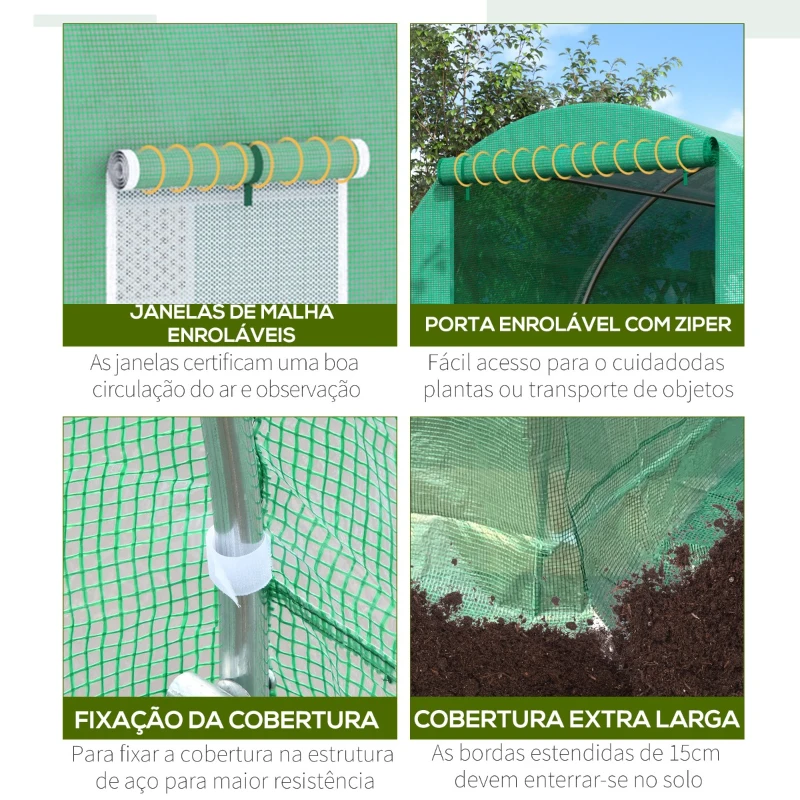 Outsunny Estufa Tipo Túnel 400x200x200cm Estufa de Túnel com Portas Enroláveis e 6 Janelas Cobertura de PE 140 g/m² Estrutura de Metal para Cultivo de Plantas Verduras Verde