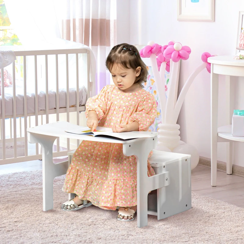 HOMCOM 2 EM 1 Banco de Madeira para Crianças 60x43x57cm Convertivel em Secretária Infantil 60x60x43cm com Assento 2 Cestos de TNT para Armazenamento Removíveis Branco