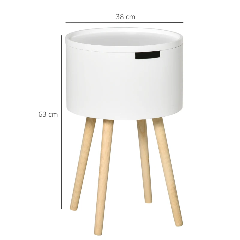 HOMCOM Mesa de Apoio com Tampa Removível Espaço de Armazenamento e Pés de Madeira Ø38x63cm Branco