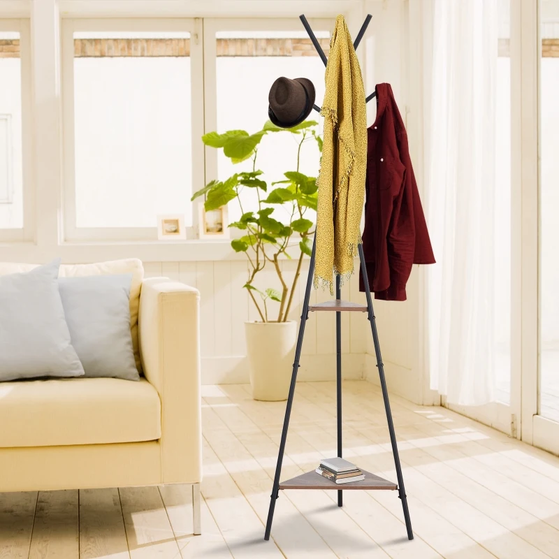 HOMCOM Metal Free Standing Hallway Coat Rack Tree with 6 Hooks and 2-Tier Storage Shelves