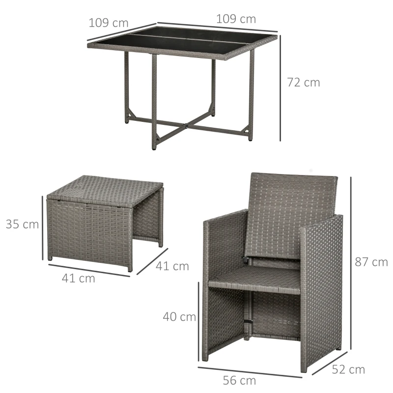 Outsunny Conjunto de Móveis de Jardim 9 Peças de Vime com Cadeiras Empilháveis Almofadas Removíveis Laváveis Mesa de Vidro Temperado para Exterior Pátio Terraço Cinza