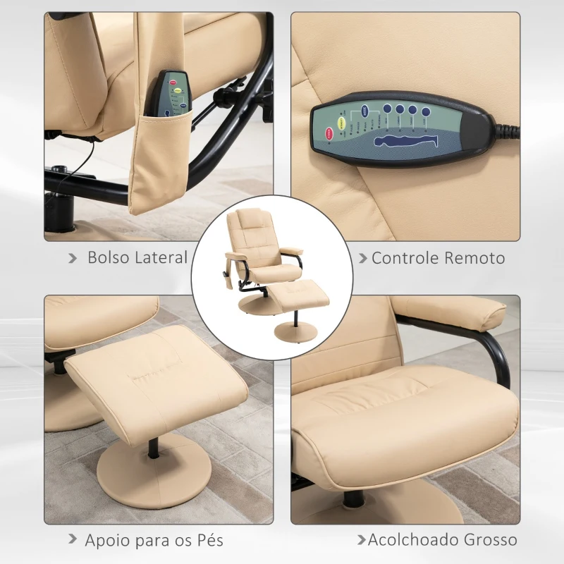 HOMCOM Poltrona de Massagem Elétrica com Banco para Apoiar os Pés Poltrona Relax Giratório Reclinável em até 145° com Controle Remoto e 10 Zonas de Massagem Estofado em PU 77x84x95cm Bege