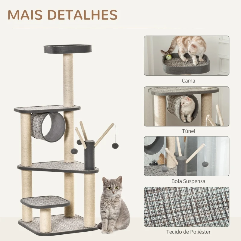 PawHut Árvore para Gatos Grande Torre de Escalar com Múltiplas Plataformas Cama Superior Túnel Postes de Arranhar de Sisal Natural e Brinquedos 49x49x130 cm Bege e Cinza