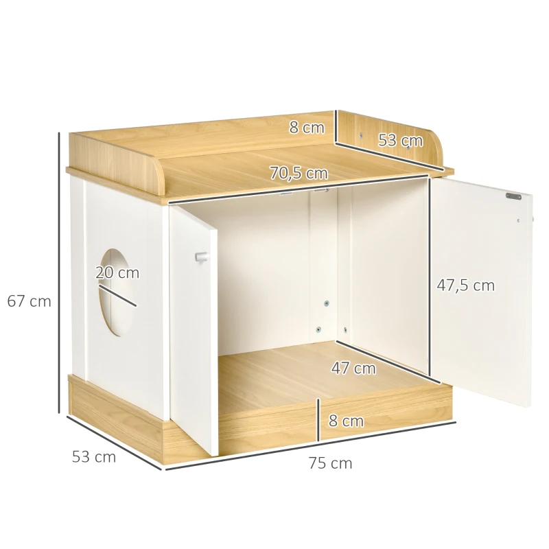 PawHut Casa para Gatos de Madeira Móvel Caixa de Areia para Gatos 2 em 1 com Bancada de Armazenamento Dupla Porta e Orifício de Entrada Lateral 75x53x67cm Branco e Carvalho