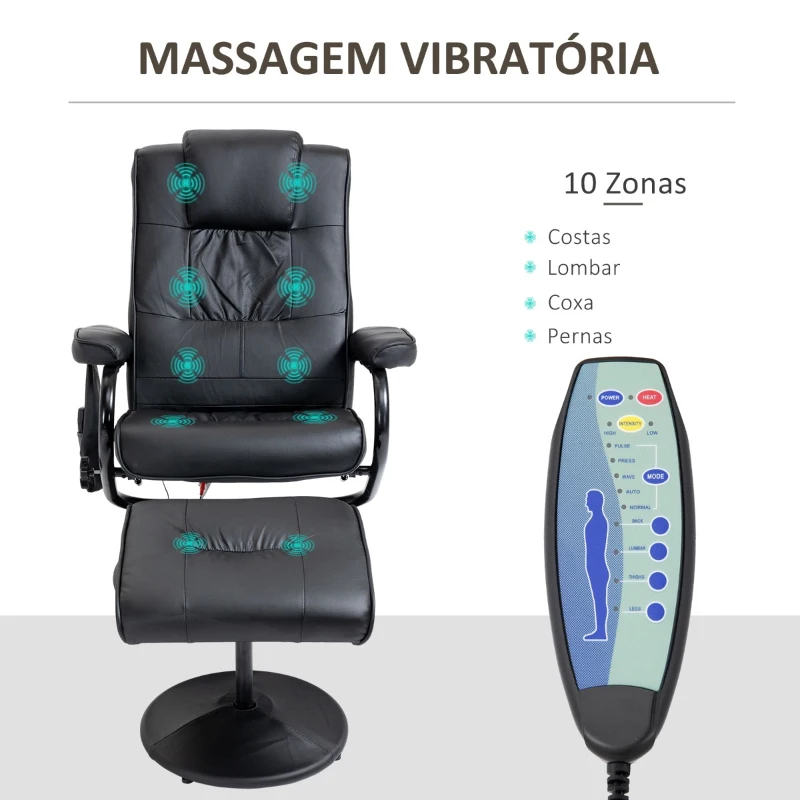 HOMCOM Poltrona de Massagem Elétrica com Banco para Apoiar os Pés Poltrona Relax Giratório Reclinável em até 145° com Controle Remoto e 10 Zonas de Massagem Estofado em PU 77x84x95cm Preto