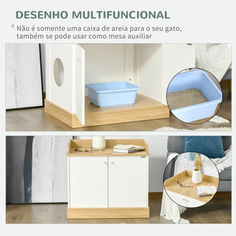 PawHut Casa para Gatos de Madeira Móvel Caixa de Areia para Gatos 2 em 1 com Bancada de Armazenamento Dupla Porta e Orifício de Entrada Lateral 75x53x67cm Branco e Carvalho