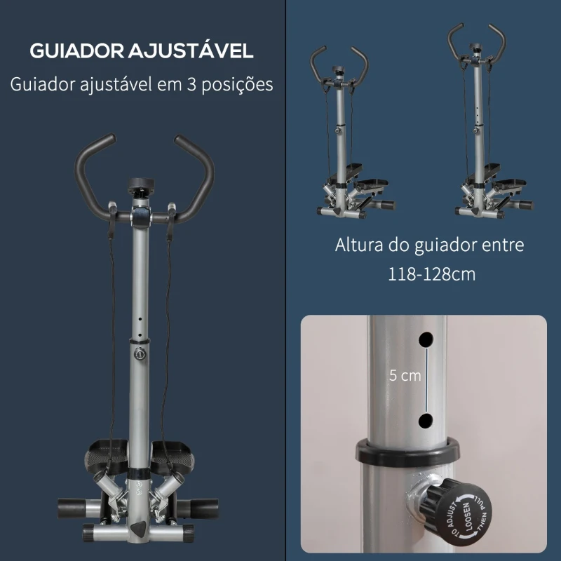 HOMCOM Máquina de Step Fitness com Guiador Ajustável em Altura Tela LCD Bandas Elásticas Pedais Antiderrapantes Equipamento de Exercício para Academia em Casa 55x53x118-128cm Prata