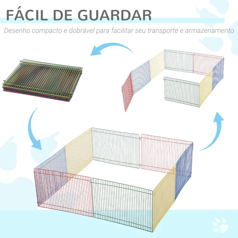 PawHut Cerca para Pequenos Animais Gaiola Modular de Metal Dobrável com 8 Painéis para Pequenos Animais para Interior Exterior 69x69x23cm Multicor