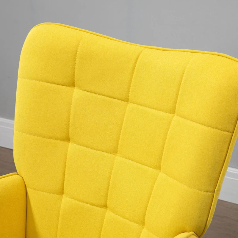 HOMCOM Poltrona de Sala de Estar Moderna Poltrona com Encosto Alto Apoio para os Braços Tecido de Linho e Pés de Madeira de Faia para Sala de Jantar Cozinha 71x76x101 cm Amarelo
