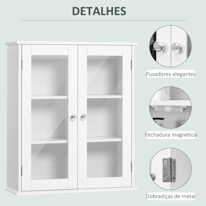 kleankin Armário Casa de Banho de Parede com 2 Portas de Cristal Armário Suspenso com Prateleiras Ajustáveis em Altura Multiuso para Cozinhas Sala de Estar 55x20x65cm Branco