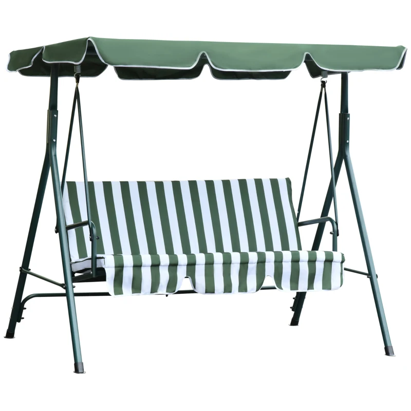 Outsunny Baloiço de Jardim de 3 Lugares com Almofada Toldo Ajustável e Estrutura de Metal para Balcão Terraço Patio Carga Máx. 200kg 172x110x153cm Verde e Branco