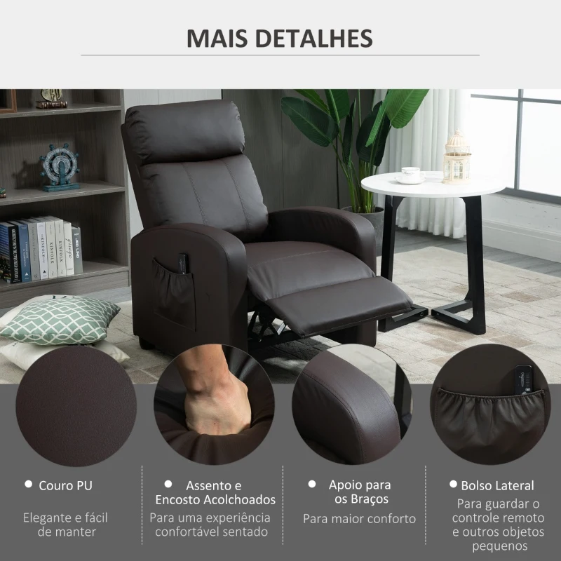 HOMCOM Poltrona de Massagem Reclinável com 2 Zonas de Massagem 8 Programas e 5 Níveis de Intensidade 68x88x98 cm Marrom Escuro